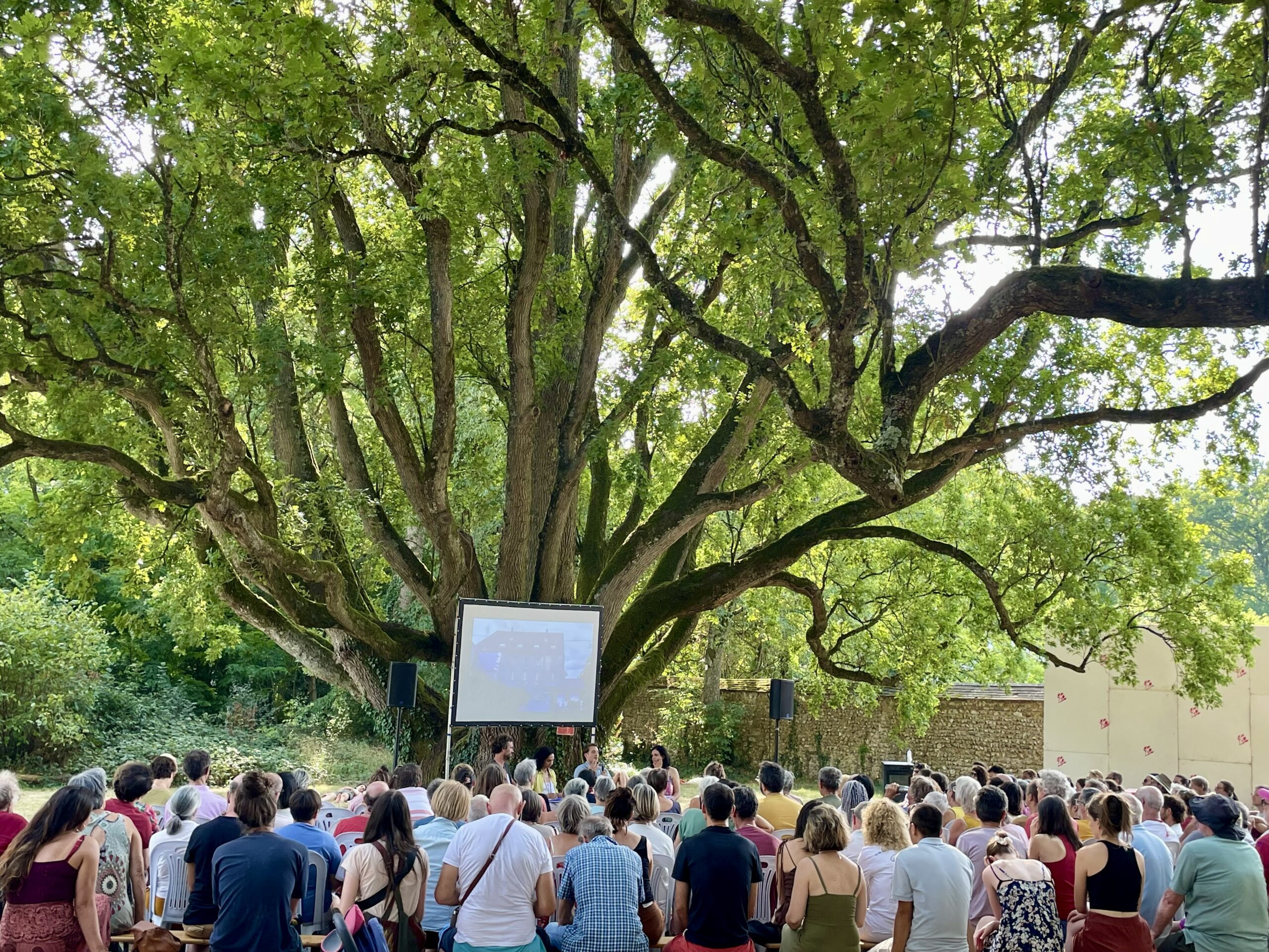 Une femme sur scène, au micro, face à un public, très attentif, de beaux arbres dans le fond.